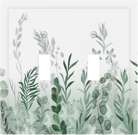 Watercolor Green Leaf Rustic Plant Eucalyptus Flowers Decorative Switch Plates 2 Gang Double Toggle Outlet Light Switch Cover Wall Plate Electrical Faceplate for Bed Room Living Room Decor