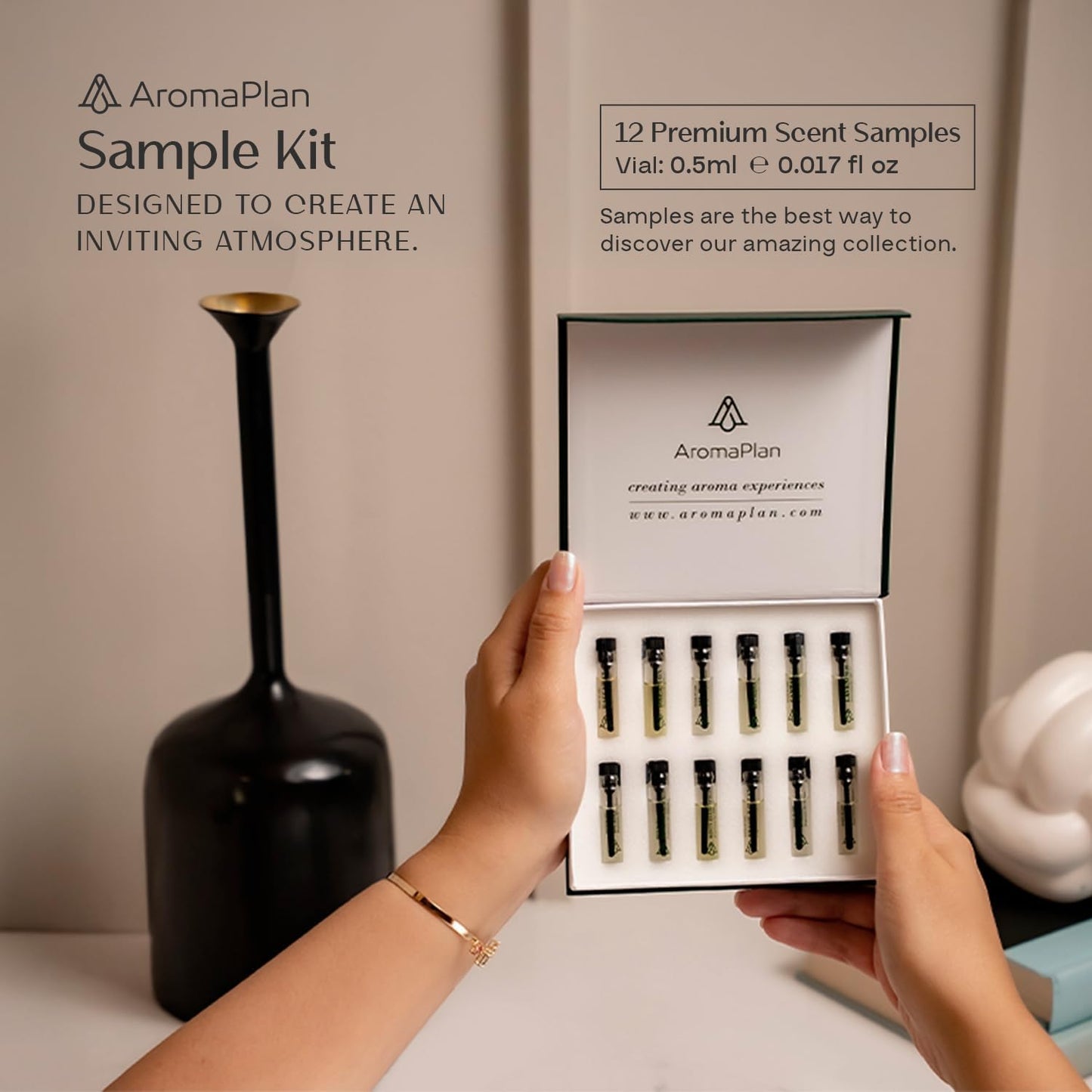 AromaPlan Hotel Scents Santal 5 Fl Oz (148ml) & Sample Set with Top 12 Fragrances -Home Luxury Aroma & Hotel Fragrance Diffuser Oil for Aromatherapy, USA Made