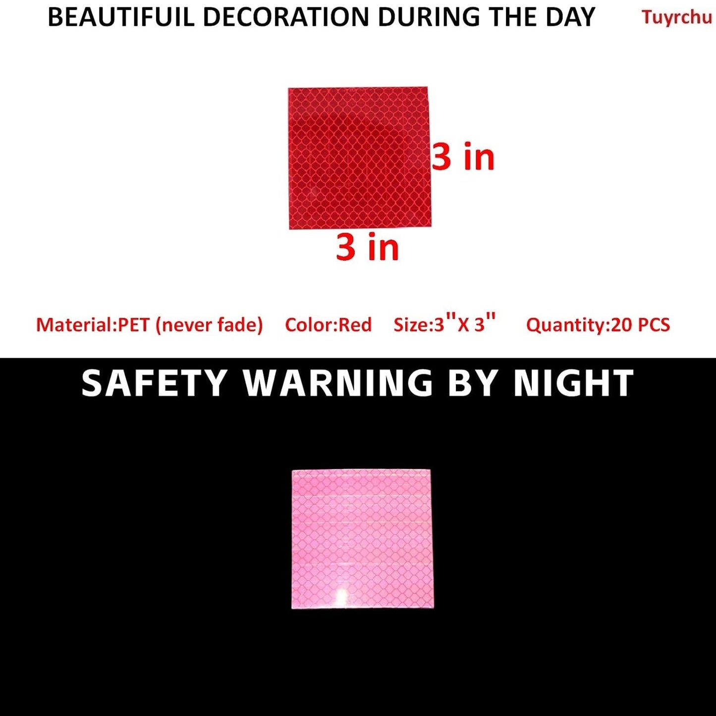Non Fading Red Reflective Stickers 3 inch X 3 inch, Outdoor Waterproof High Visibility Warning Safety Adhesive Reflector Tape (20 Pcs)