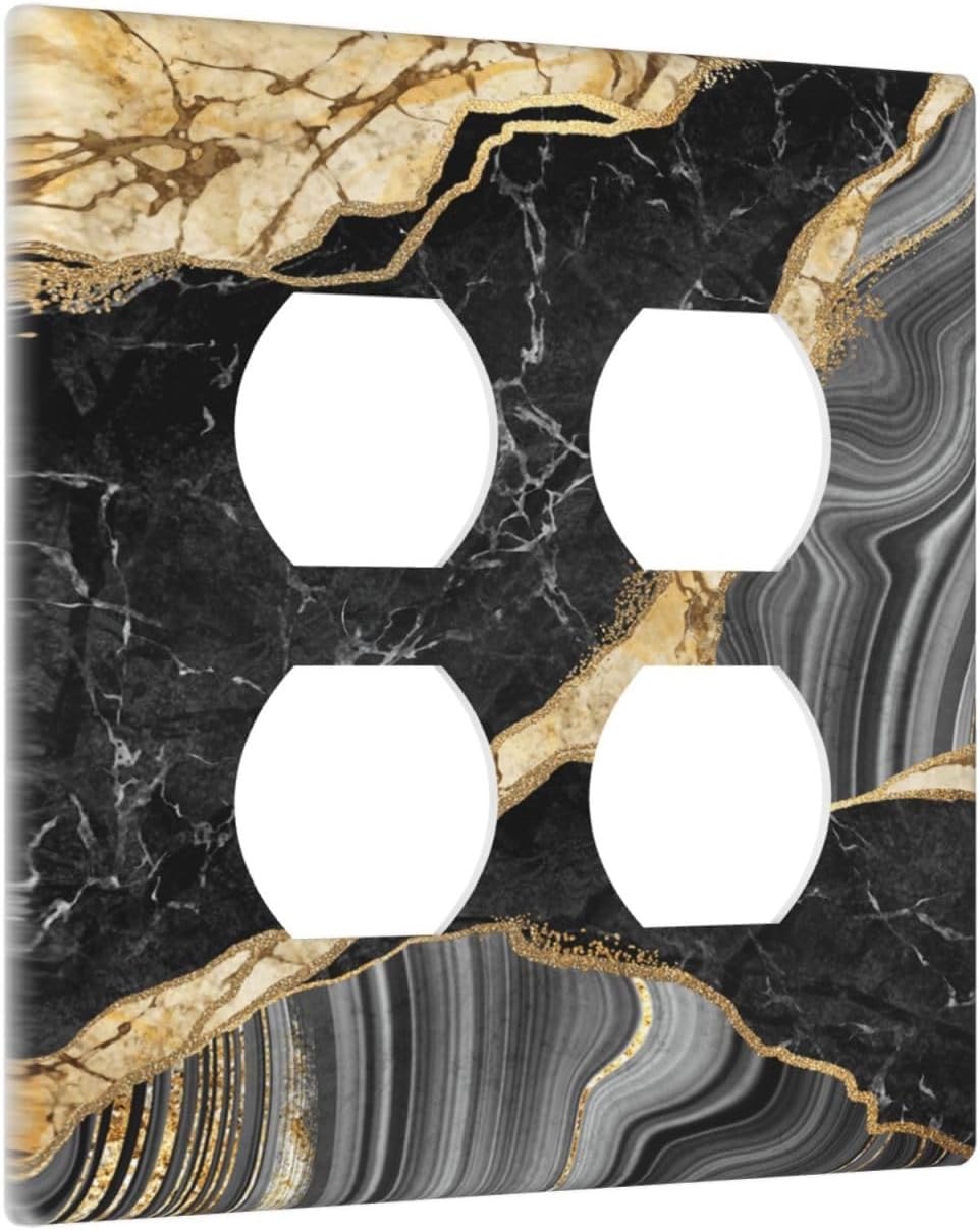 Decorative Outlet Covers Modern Abstract Black Gold Marble 2 Gang Wall Plate Double Duplex Light Switch Cover Switch Plate Covers for Bathroom Kitchen Home Decor