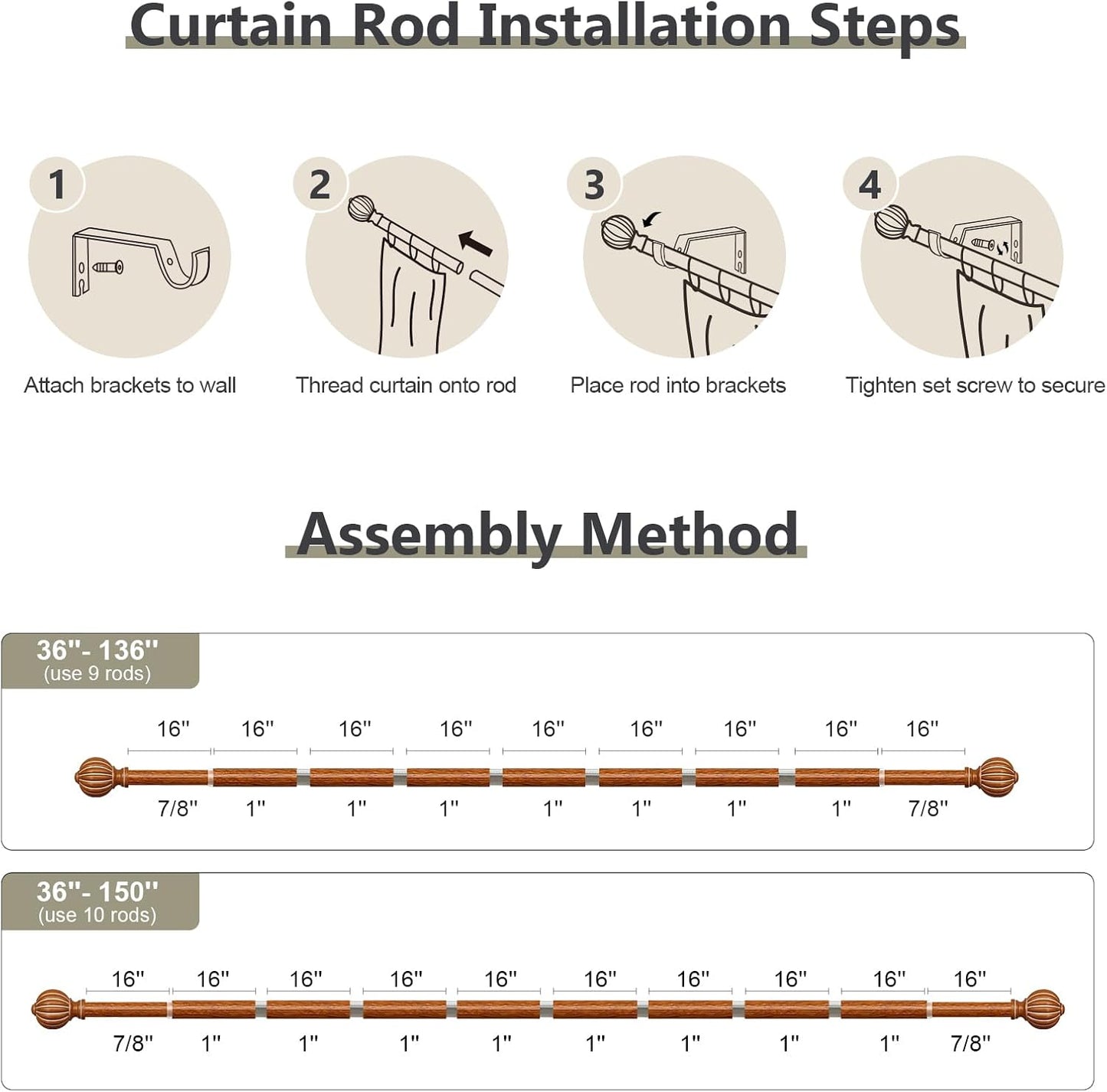 Reddish-Brown Wood Curtain Rods for Windows 72 to 144 Inch, 1'' Adjustable Heavy Duty Curtain Rod，Vintage Imitation Wood Decorative Drapery Rods with Pumpkin Finials for Bedroom Living Room