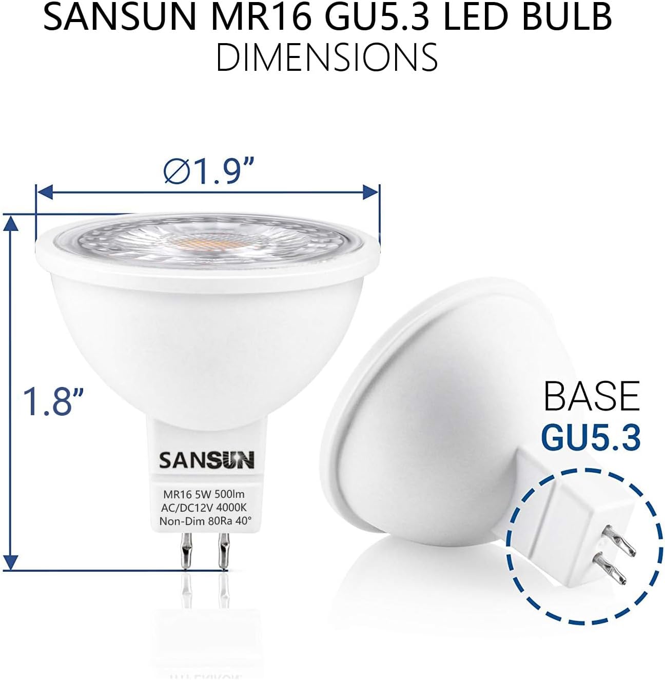 5W MR16 LED Landscape Light Bulbs, Low Voltage 12V 50W Halogen Replacement for Outdoor Landscape Spotlight and Track Light, GU5.3 Bi-Pin Base, Daylight White 4000K, Non-Dimmable, (Pack of 4)