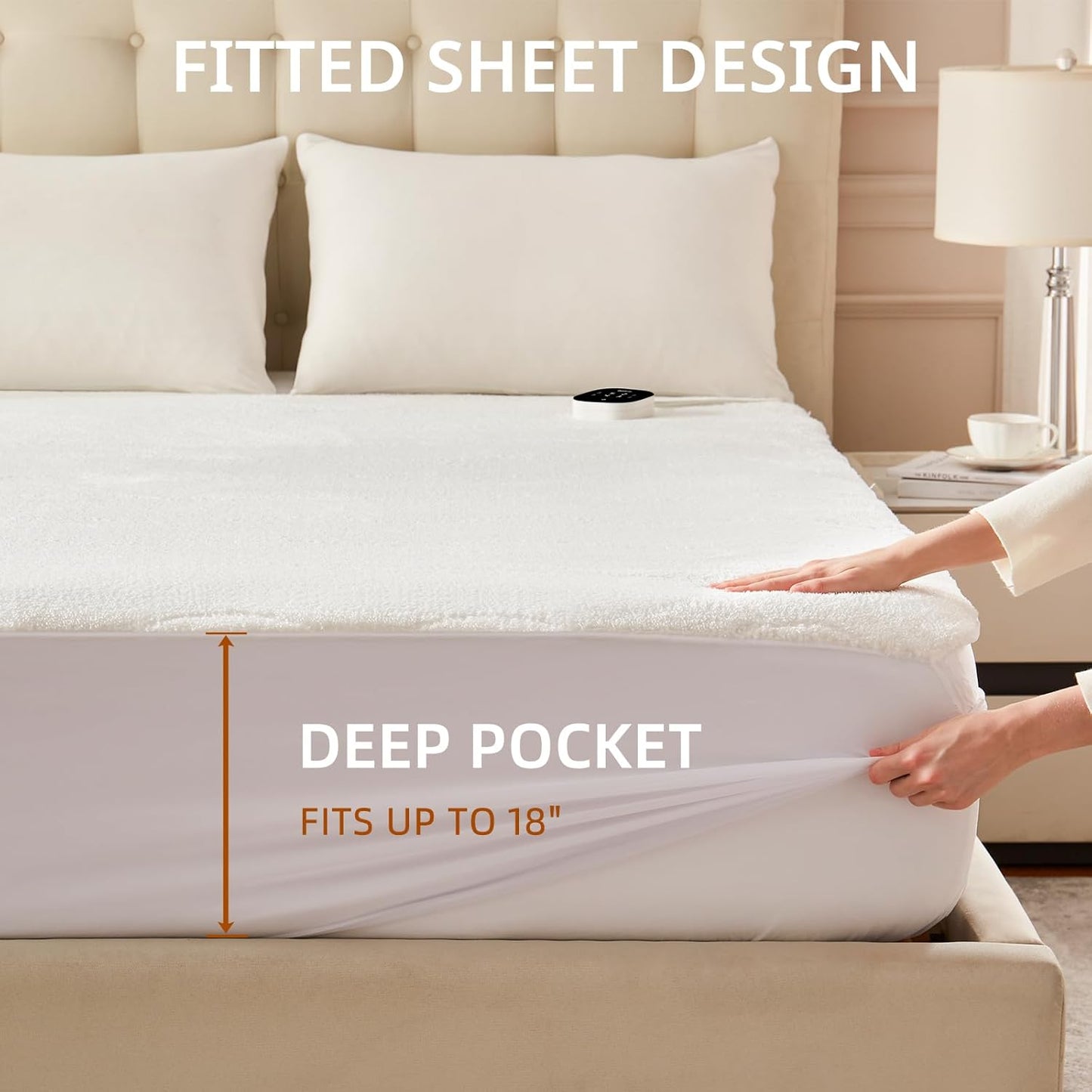 Bwarm Multizone Heated Mattress Pad Twin XL, Electric Mattress Pad Sherpa Fleece Bed Warmer with 9 Heat Settings, 1-12 Hours Auto Off Deep Pocket, Machine Washable, Wave White Twin XL 39" x 80"