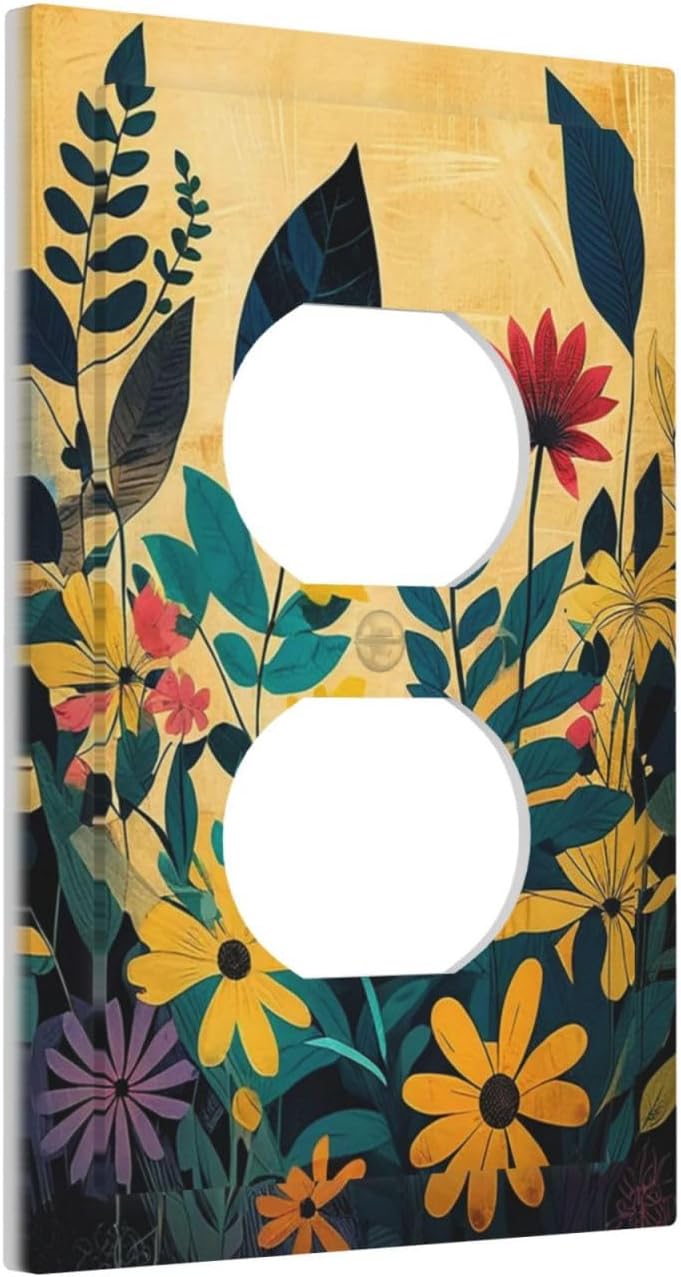 Abstract Minimalist Floral Botanical Boho Flower 1 Gang Duplex Receptacle Switch Wall Plate Decorative Switchplate Outlet Covers Electrical Plug Cover Faceplate for Bathroom Home Decor 5 X 3 IN