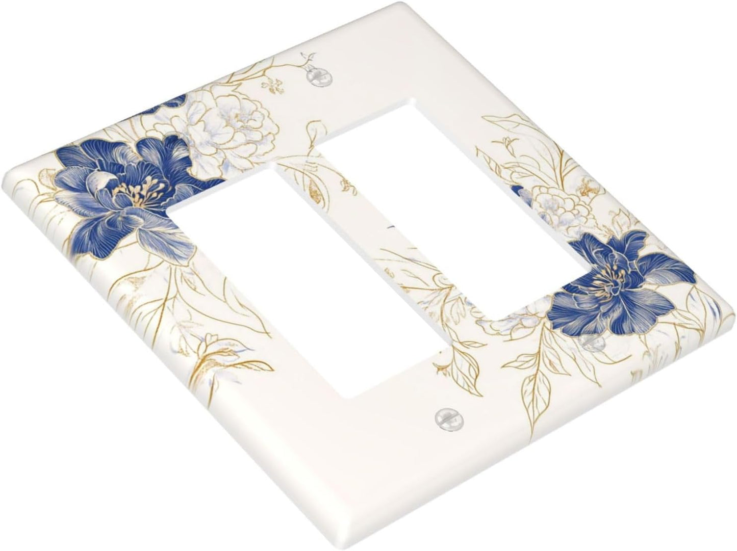 Decorative Outlet Covers Rustic Blue Flower Floral Gold Leaf 2 Gang Light Switch Cover Plate Double Rocker Wall Plates for Electrical Outlets Switch Plate Covers for Bedroom Home Decor