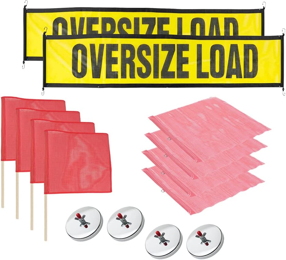 Mytee Products Oversize Load Banners, Flags, and Magnets Kit - Includes 2 Stretch Cord Oversize Load Banners, 4 Magnets, and 8 DOT Compliant Red Safety Flags 18" x 18" (4 with Wire Loop, 4 with Dowels)