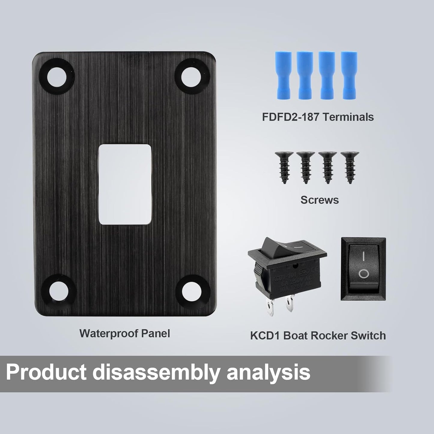 1Pcs Black KCD1 Boat Rocker Switch 2-Position 2-Pin SPST Panel Switch 6A 250VAC 10A 125VAC, with 4pcs FDFD2-187 Blue Terminals, CE