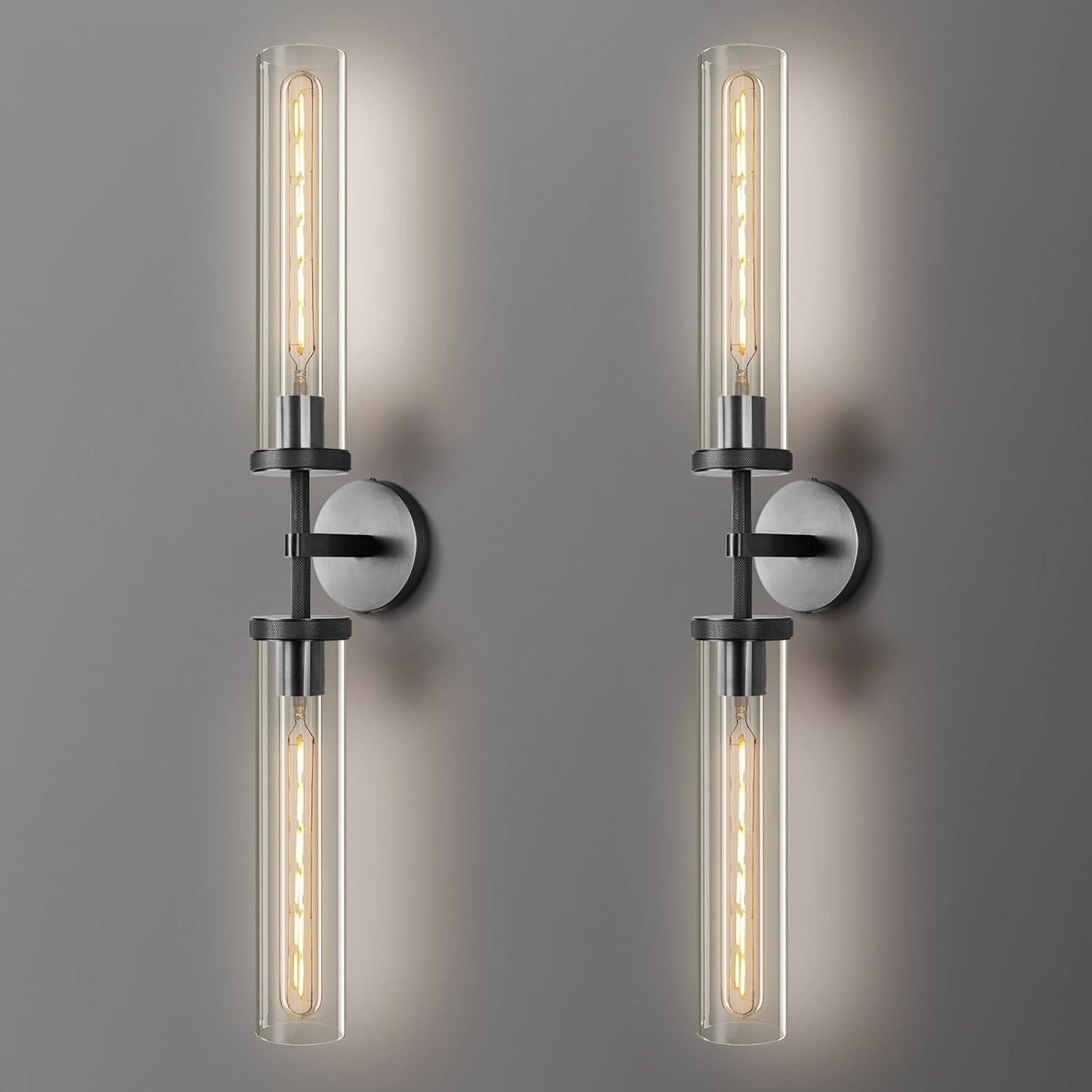 Black Wall Sconces Set of Two, 30" Modern Wall Lighting, Double Lights with Clear Glass Tubes, Knurled Vanity Light for Bathroom, Living Room, Bedroom, Hardwired (Including Bulb)