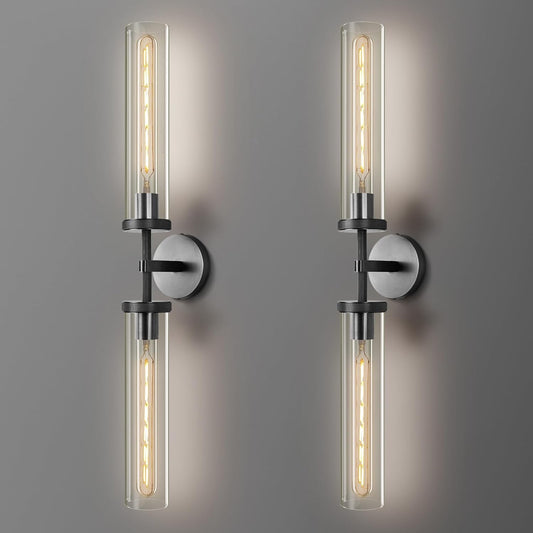 Black Wall Sconces Set of Two, 30" Modern Wall Lighting, Double Lights with Clear Glass Tubes, Knurled Vanity Light for Bathroom, Living Room, Bedroom, Hardwired (Including Bulb)