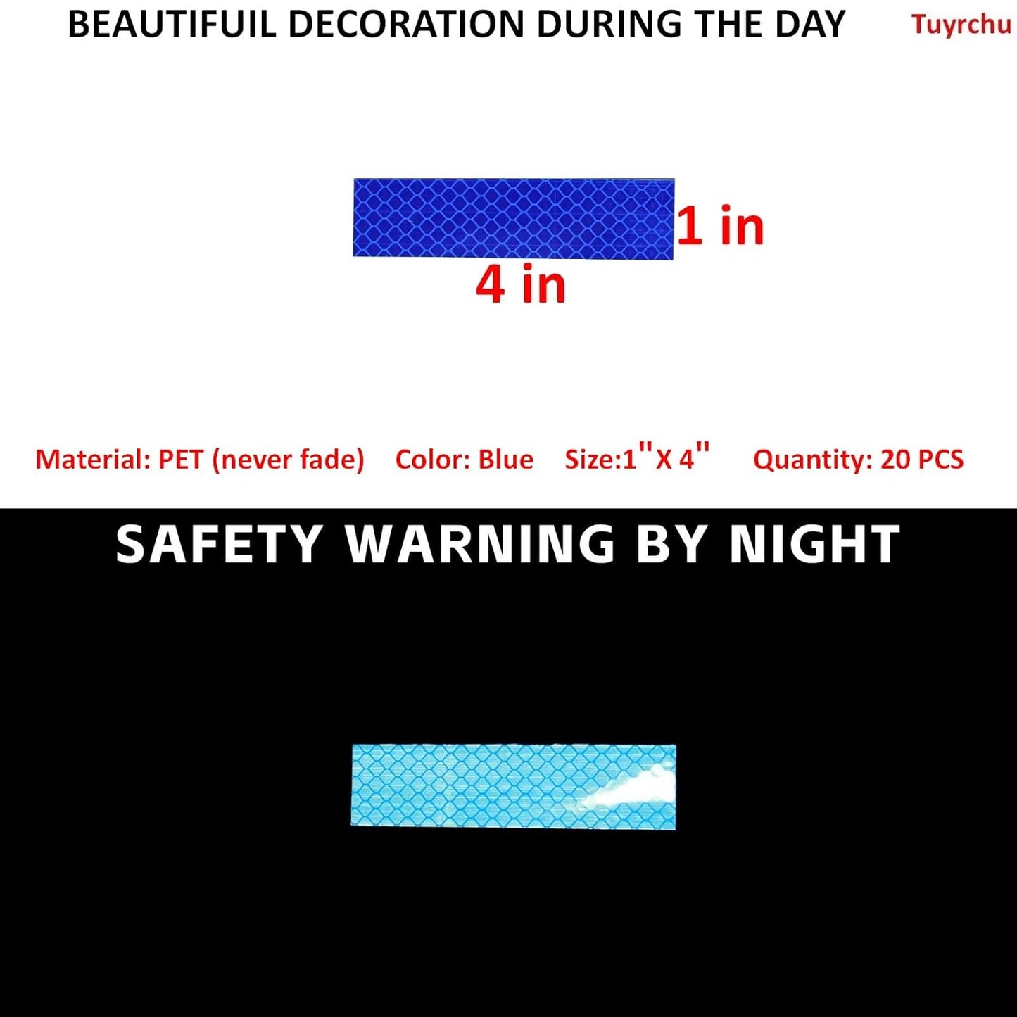 Non Fading Blue Reflective Stickers 1 inch X 4 inch, Outdoor Waterproof High Visibility Warning Safety Adhesive Reflector Tape (20 Pcs)
