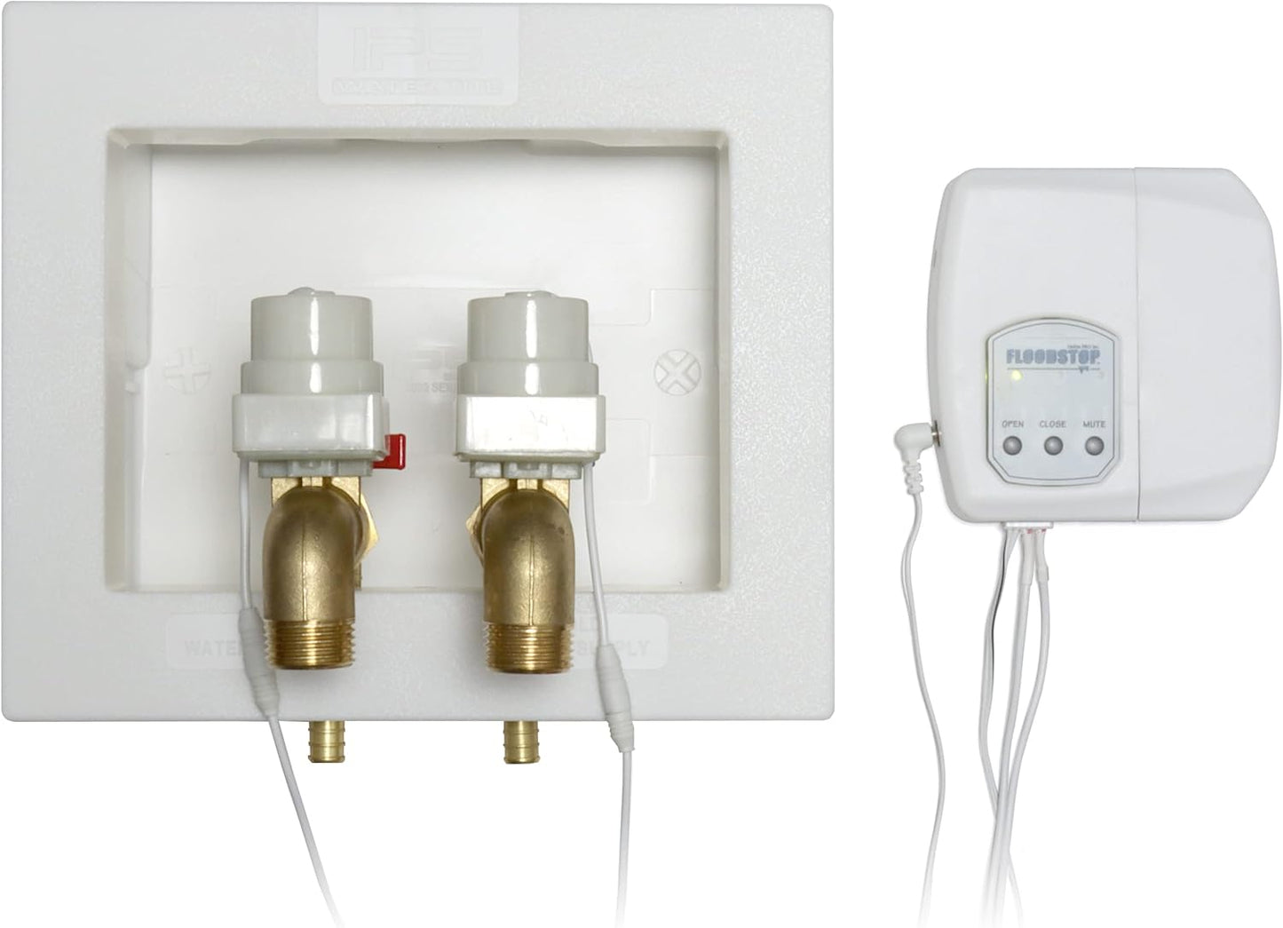 FloodStop Washing Machine Leak Detector Kit with Automatic Water Shut-Off and Visual/Audible Alarms, 3/4" 90deg, Hot & Cold Valves