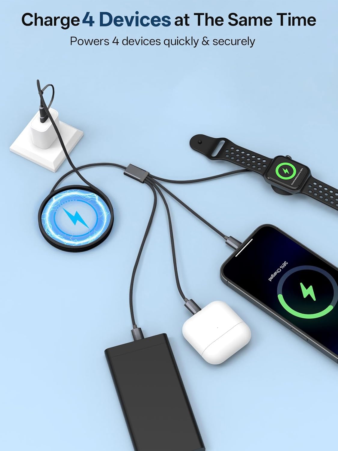 Travel Essentials, 4 in 2 Multi Charging Cable for Apple Watch Charger/iPhone Charger,USB C Cable Cord for iPhone 17-11/iWatch Ultra/10-2/Galaxy S25-S20, Android Phones, Kindle, MP3-Black,5FT