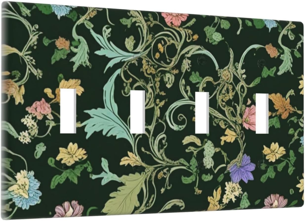Decorative Light Switch Cover Plate Vintage Green Leaf Plant Rustic Pink Flower 4 Gang Wall Plate Oversized Quad Toggle Switch Cover Plate Jumbo Faceplate for Home Decor