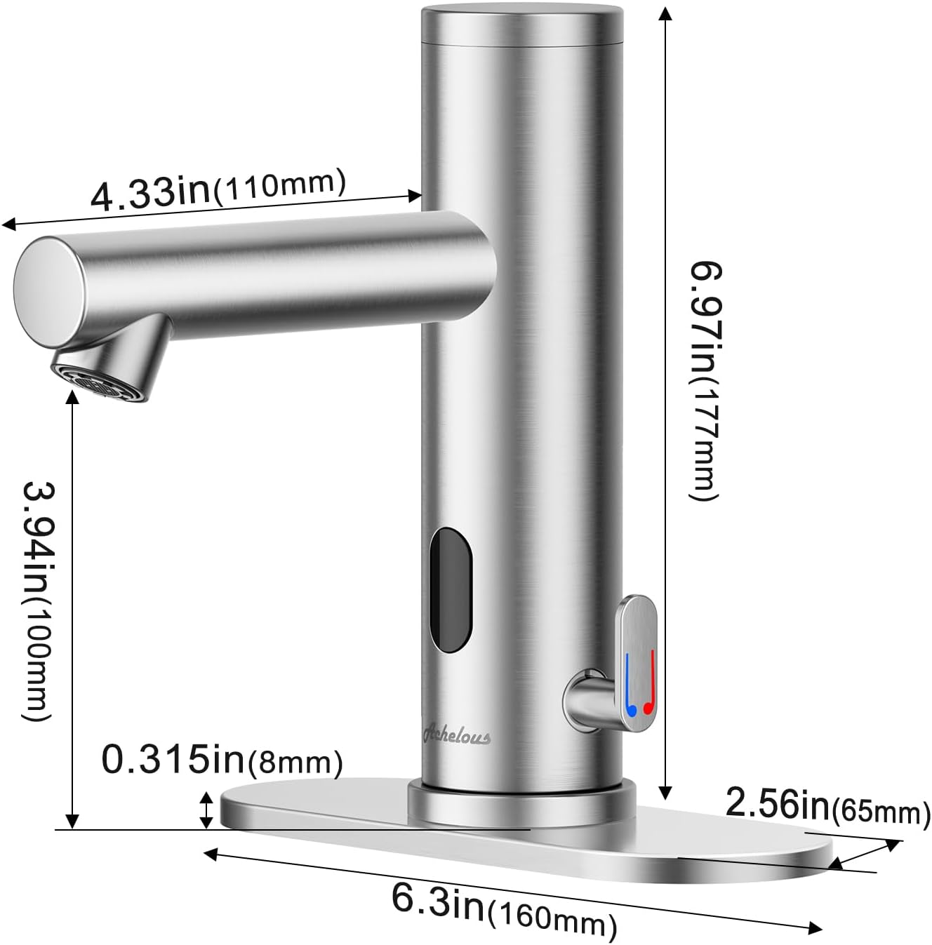 Achelous Stainless Steel Automatic Touchless Bathroom Sink Faucet, Hands Free Infrared Sensor Basin Faucet with Temperature Control, Battery Powered Sensor Bathroom Tap Brushed Nickel