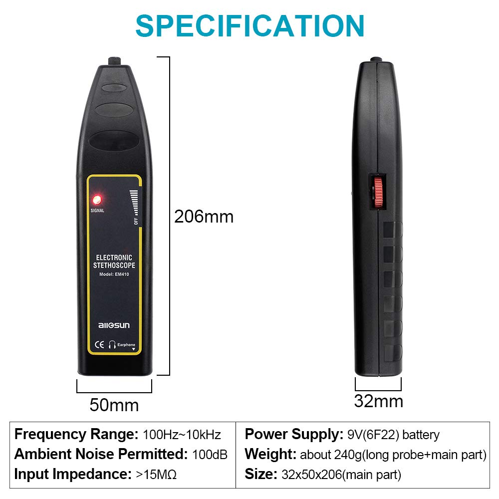 allsun Pro Ultrasonic Leak Detector & Industrial Stethoscope,High Sensitivity Machine Diagnostic Tool for Engine Noise, Bearing, Valve, Pump, Pipe Flow,Mechanic Tool Kit(Includes Long/Short Probe & Carry Bag)