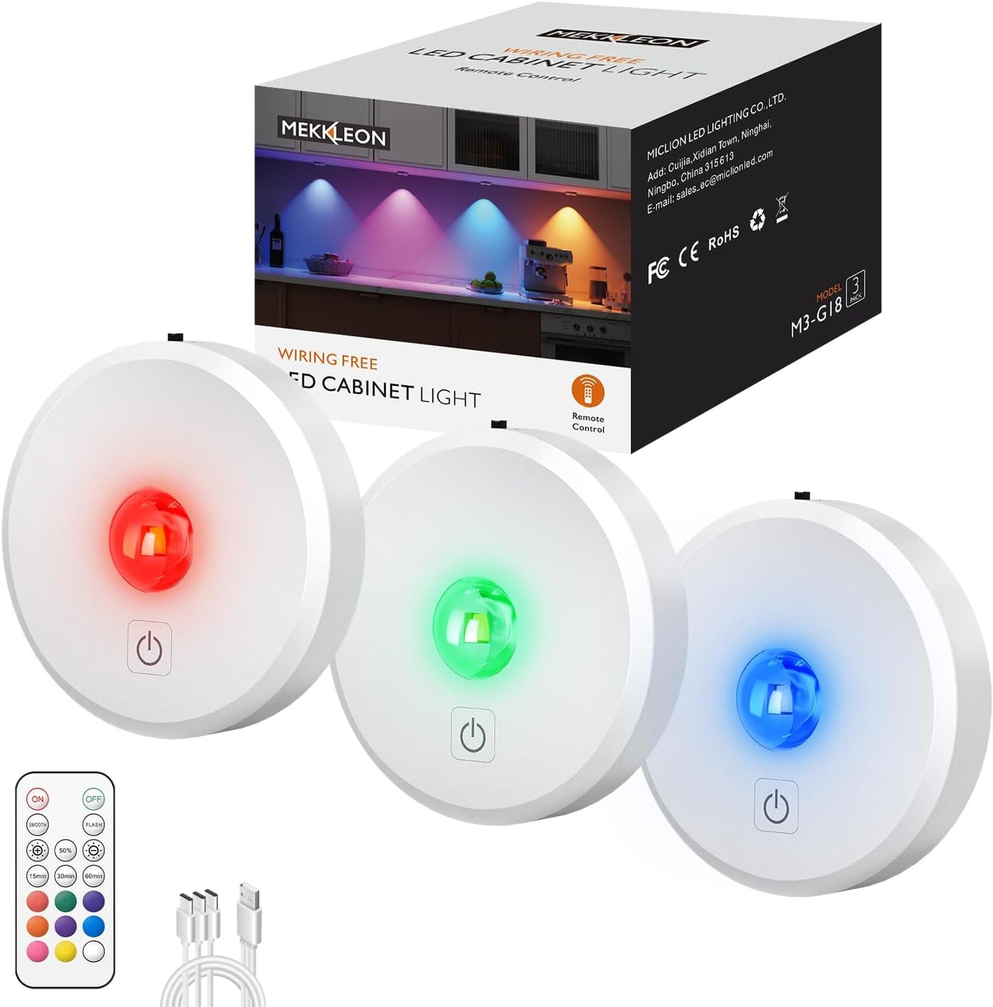 RGB Puck Lights with Remote Control, 2000mAh Battery Operated Tap Lights Rechargeable, 9 Colors & 2 Dynamic Changing Under Cabinet Lighting, Magnetic Stick on Light for Closet(White, 3 Pack)