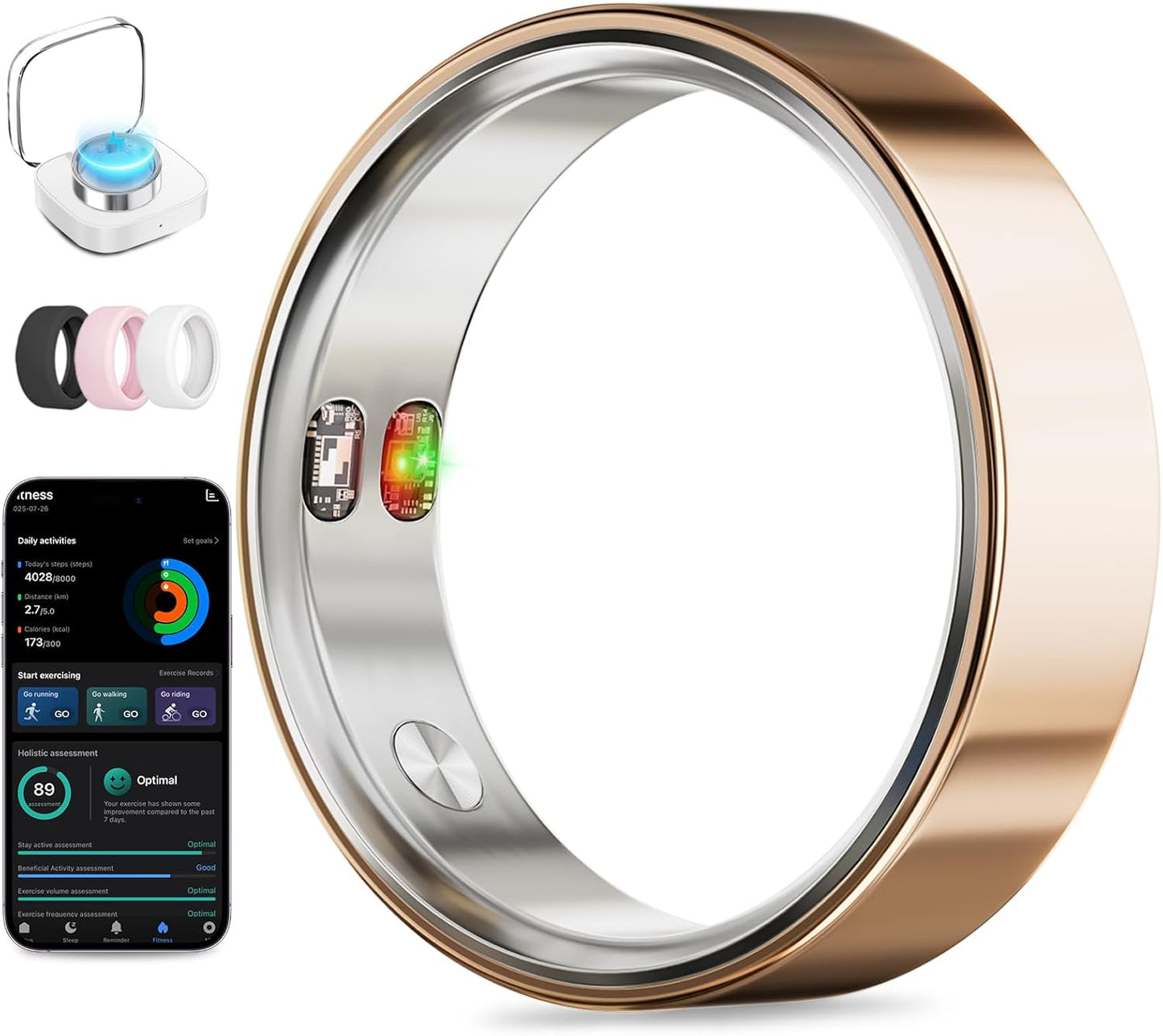 Smart Ring with Vibration Alerts, health tracker ring with Body Temperature Monitor, Heart Rate, Sleep & Fitness Tracking, Waterproof Activity Ring for Men & Women, No App Fees (Rose Gold, 6#)