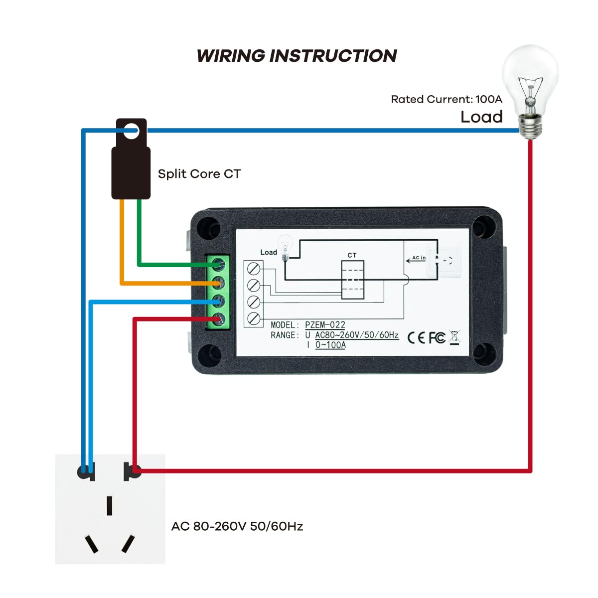 AC 80-260V 100A Multi-Function Power Monitor LCD Digital Display Voltage Current Frequency Power Factor Energy Meter Ammeter Voltmeter with Split Core Current Transformer