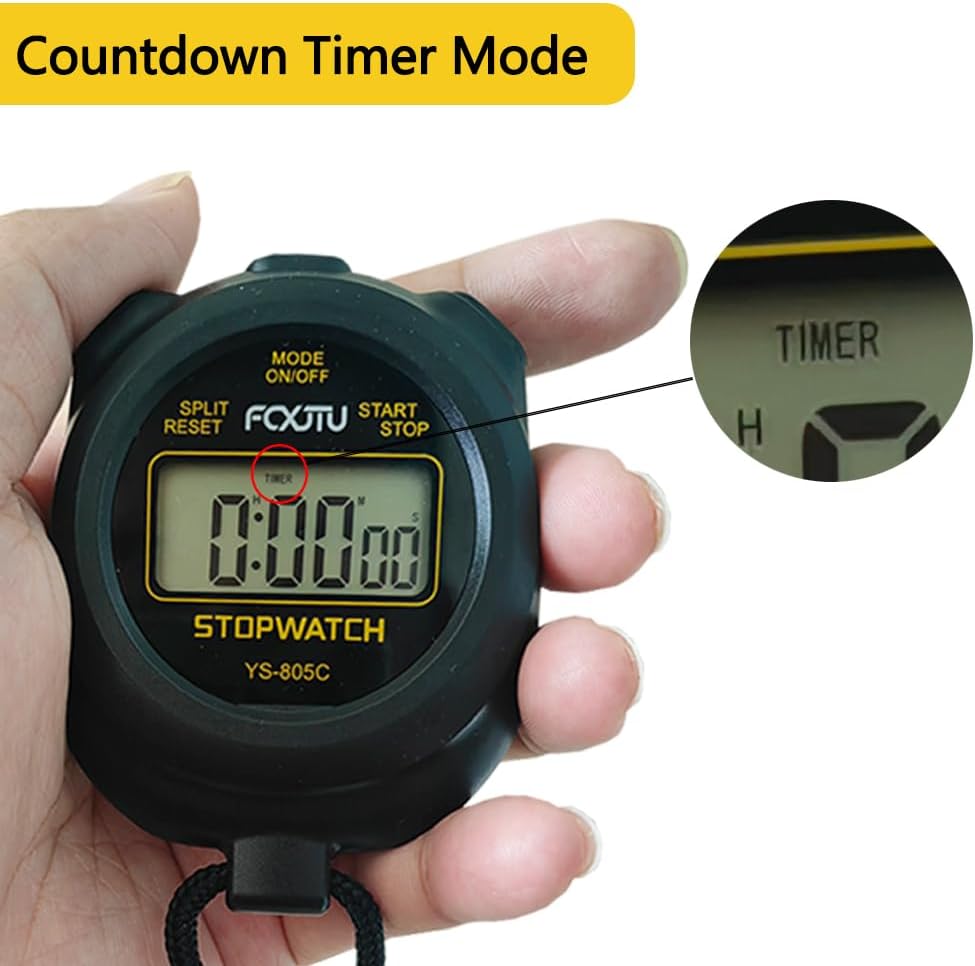 FCXJTU Simple Stopwatch Timer, Single Lap Stopwatch Countdown Timer, No Hourly Beep, On/Off, AAA Battery(Included), Large Display, Easy to Use, Ideal for Kids Coaches Black
