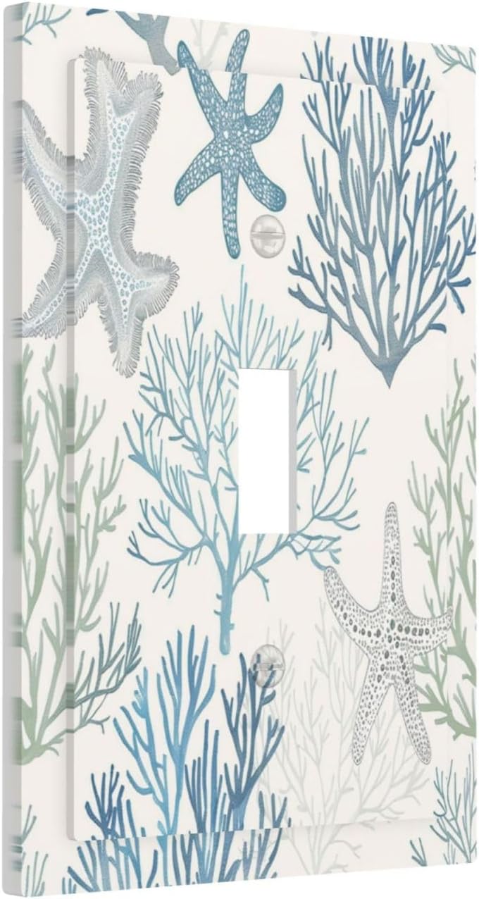 Decorative Light Switch Cover Ocean Beach Theme Starfish Seashell Coral 1 Gang Single Toggle Device Electrical Faceplate Switchplates Decorator Outlet Wall Plate For Bathroom Kids Room