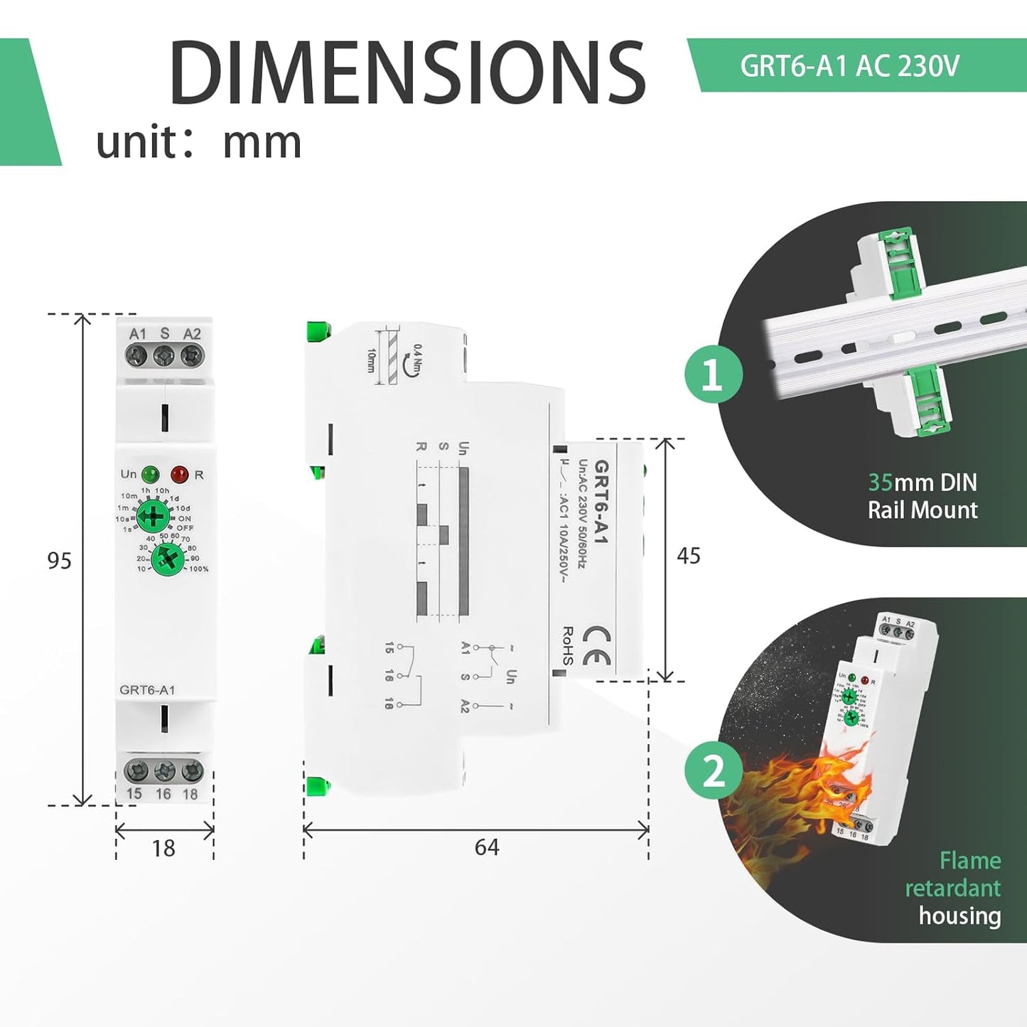 Delay ON Time Relay, GRT6 A1 230V 10A Time Delay Relay Module, Delay Timer Switch 10A AC230V Adjustable Delay Timer Switch in Din Rail