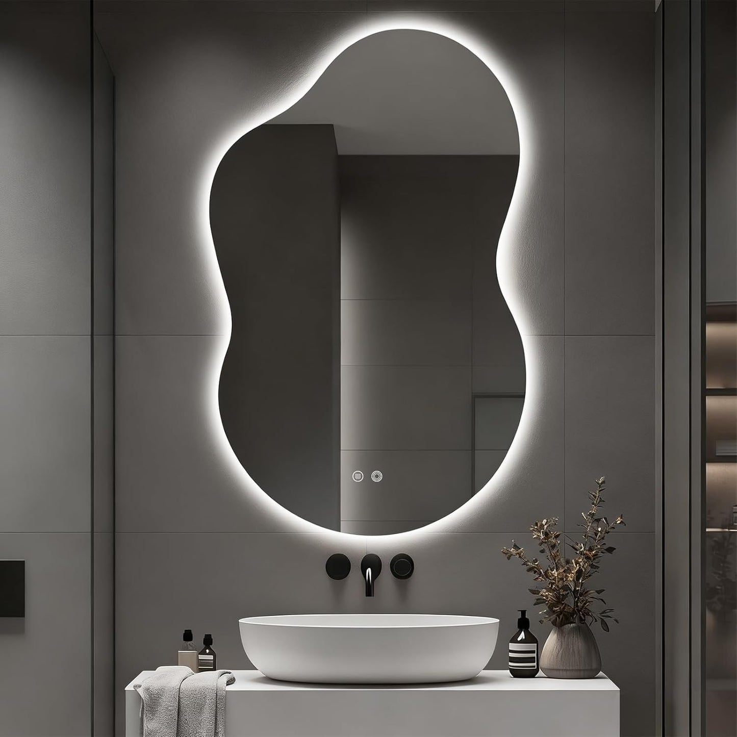 Asymmetrical Lighted Mirror for Bathroom,Modern LED Vanity Mirror with Backlit,Fog-Free,Tri-Color Dimmable Lighting with Memory Function,Hardwire Ready [Horizontal/Vertical] 48" H x 30" W