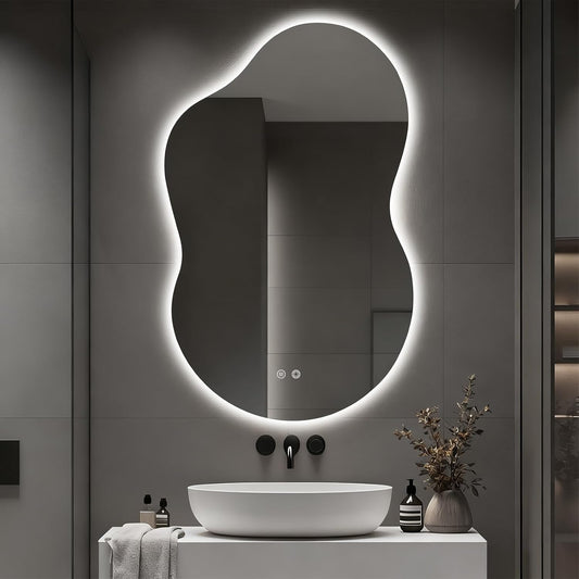 Asymmetrical Lighted Mirror for Bathroom,Modern LED Vanity Mirror with Backlit,Fog-Free,Tri-Color Dimmable Lighting with Memory Function,Hardwire Ready [Horizontal/Vertical] 48" H x 30" W