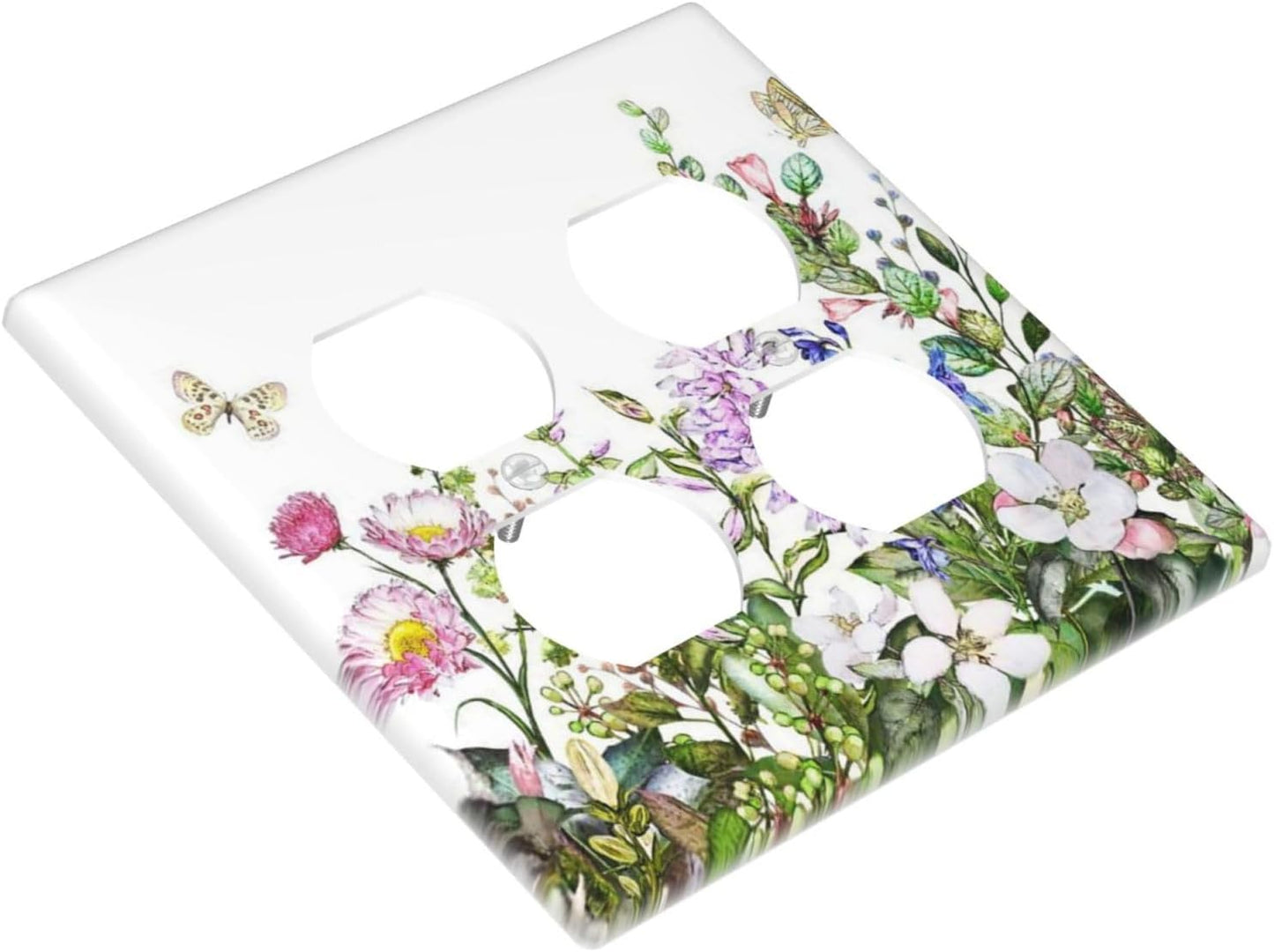 Decorative Outlet Covers Rustic Green Leaf Pink Flowers Butterfly 2 Gang Wall Plate Cover Double Duplex Receptacle Two Switch Light Switch Cover Plate Jumbo Faceplate for Home Decor