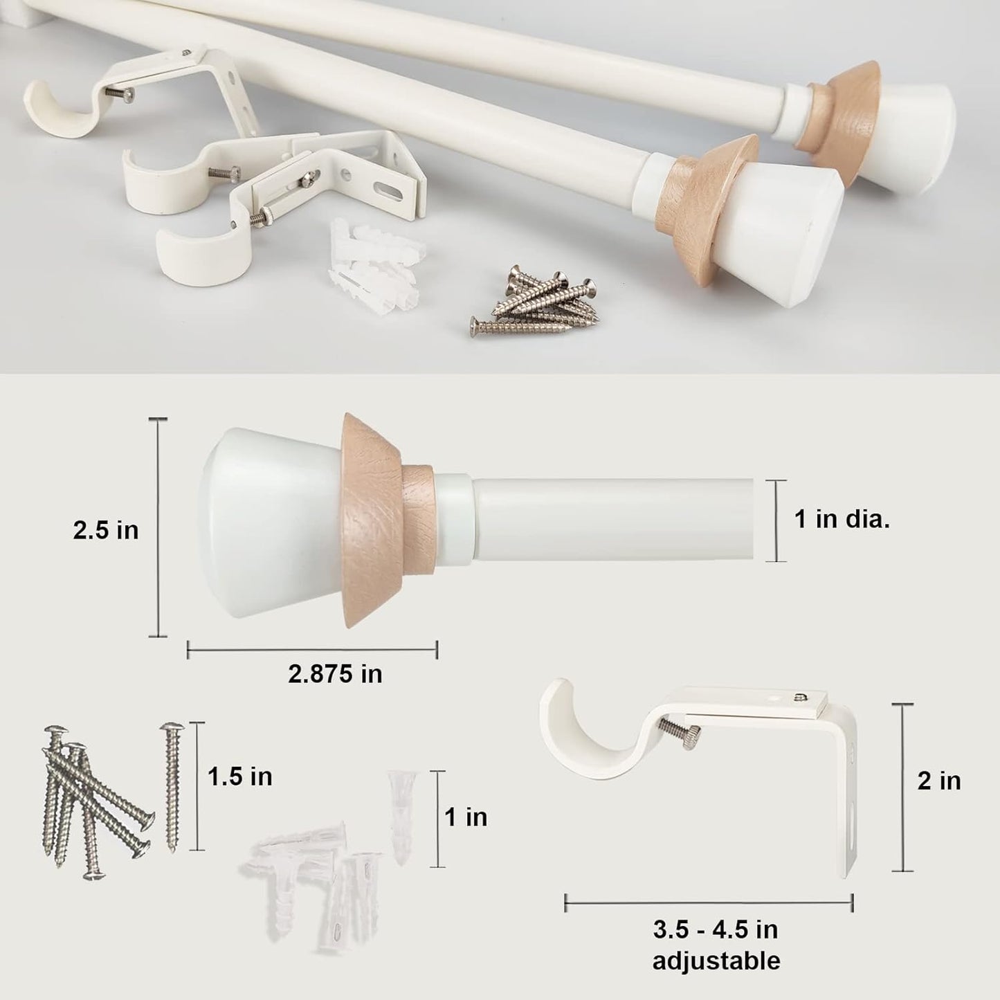 White Single Curtain Rod Set with Decorative Finials, 72-144 inch, Single Drapery Rod, 1 inch diameter, Adjustable Length,1 pack