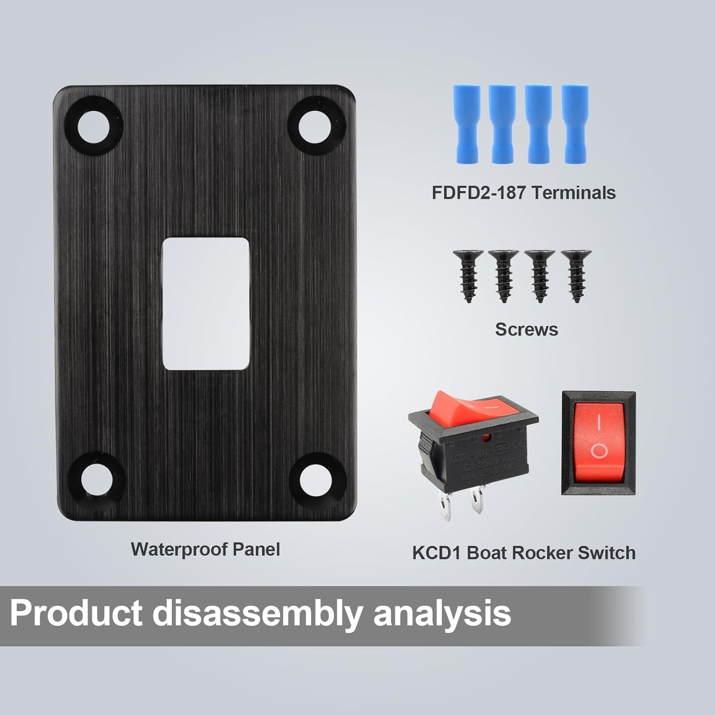 1Pcs Red KCD1 Boat Rocker Switch 2-Position 2-Pin SPST Panel Switch 6A 250VAC 10A 125VAC, with 4pcs FDFD2-187 Blue Terminals, CE