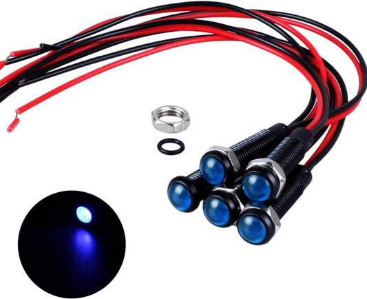 5pcs 6mm LED Indicator Light Plastic Black Signal Dot Lamp 12V-24V 1/4" Mounting Hole Size with 15cm/5.9in. Wire (Blue LED)