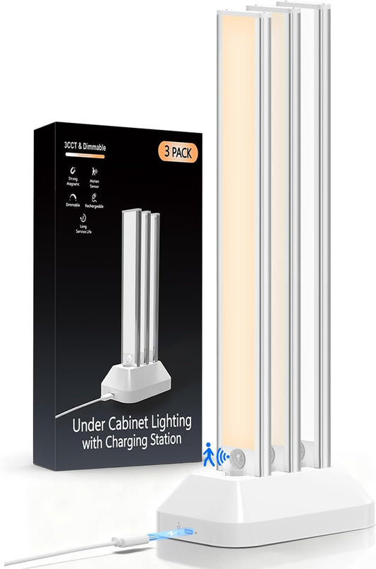 14in Under Cabinet Lighting with Charging Station, 3200mAh Rechargeable Motion Sensor Light Indoor, 3 Color Tempers Dimmable Closet Lights Wireless, Magnetic Under Cabinet Lights for Kitchen, 3-Pack