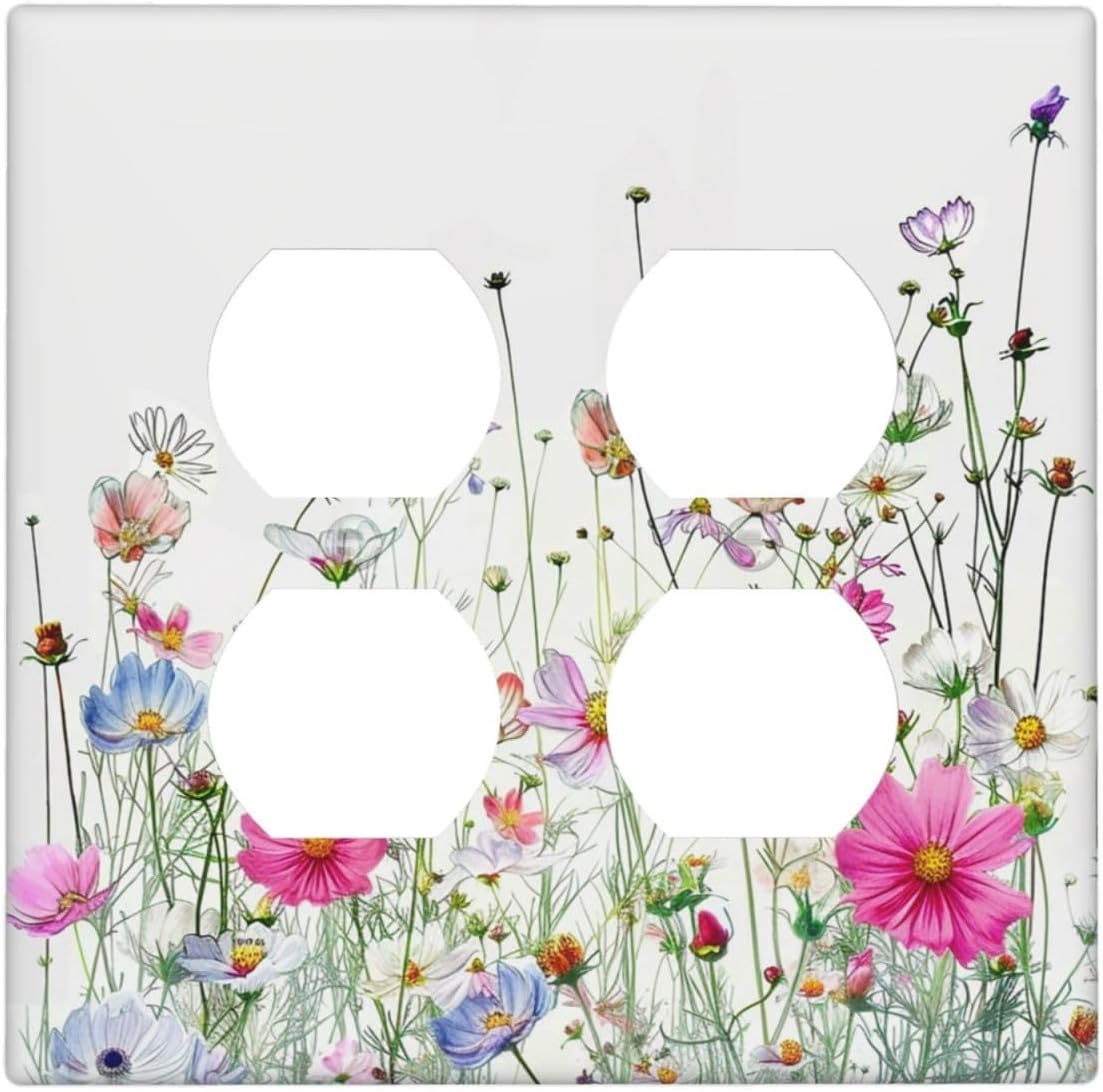 Outlet Covers Boho Colorful Flowering Plant Wild Flower 2 Gang Double Duplex Decorative Light Switch Covers Electrical Wallplates Socket Faceplate For Bed Room Living Room Decor