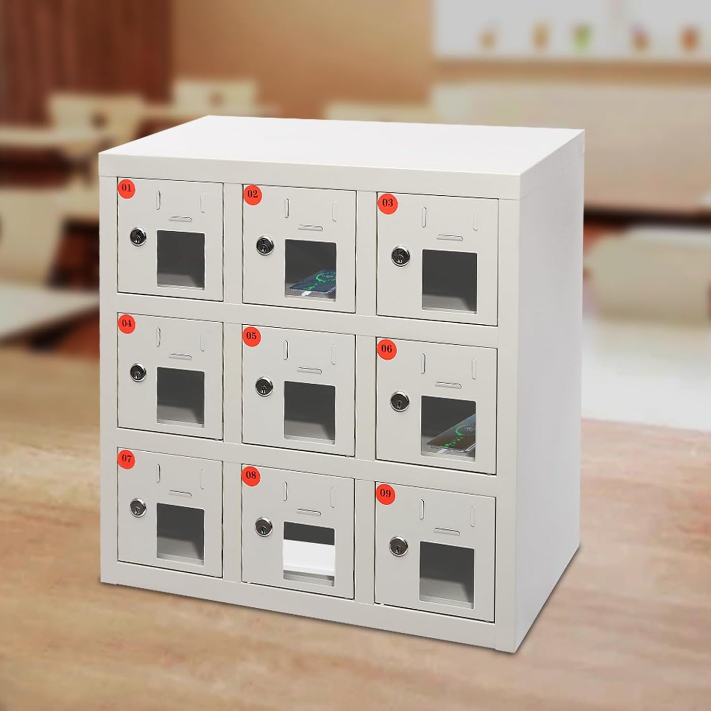 9 Door Cell Phone Locker with Charging Station, Rechargeable Mobile Device Phones Storage Cabinet with Anti-Interlocking Lock for Office Classroom Hotel (9 Slots)