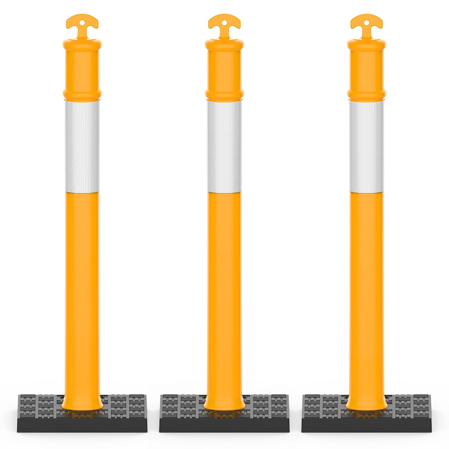 RoadHero 45 Inch Delineator Post with Rubber Base, Heavy Duty Yellow Traffic Delineator Posts Cones with Reflective Collars for Parking Lots, Road Safety, Construction Events 3 Pack