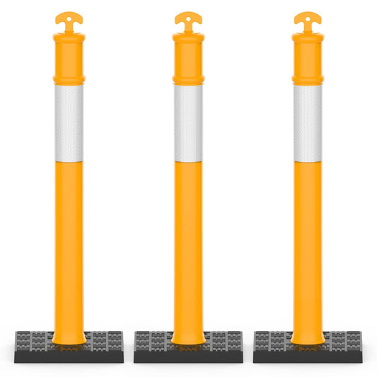 RoadHero 45 Inch Delineator Post with Rubber Base, Heavy Duty Yellow Traffic Delineator Posts Cones with Reflective Collars for Parking Lots, Road Safety, Construction Events 3 Pack
