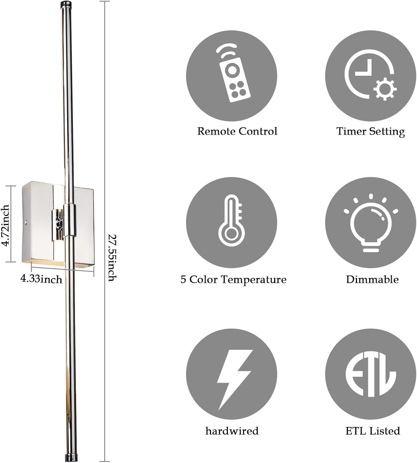 LED Wall Sconce with Remote Control, LED Wall Light, 5 Colors 3000K-6500K & Dimmable, Hardwire Wall Lamp for Living Room, Bedroom, Chrome