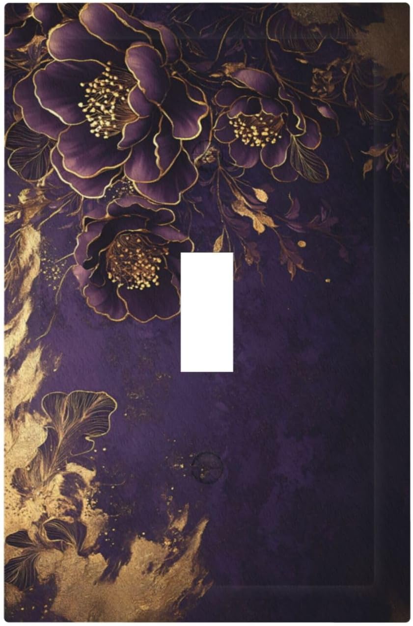 Decorative Light Switch Cover Vintage Purple Peony Gold Leaf Flowers Floral 1 Gang Wall Plate Oversized Single Toggle Jumbo Electrical Switchplate Face