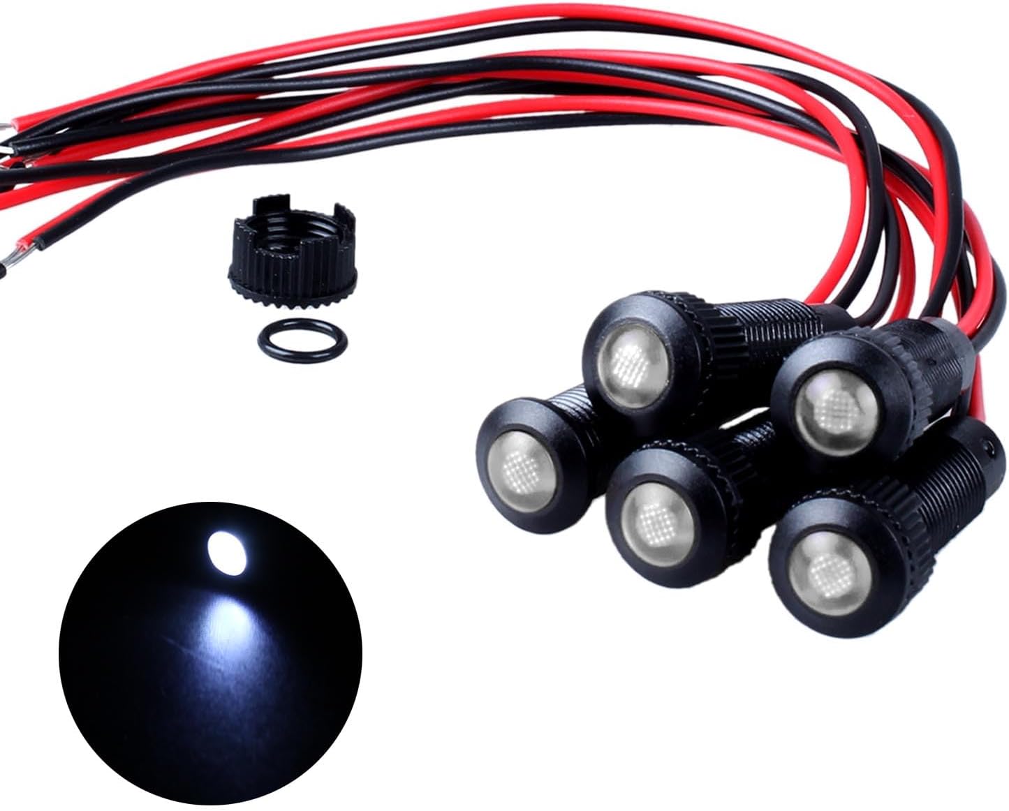 5pcs 8mm LED Indicator Light Plastic Black Signal Dot Lamp 110-220VAC 5/16" Mounting Hole Size with 15cm/5.9in. Wire (White LED)