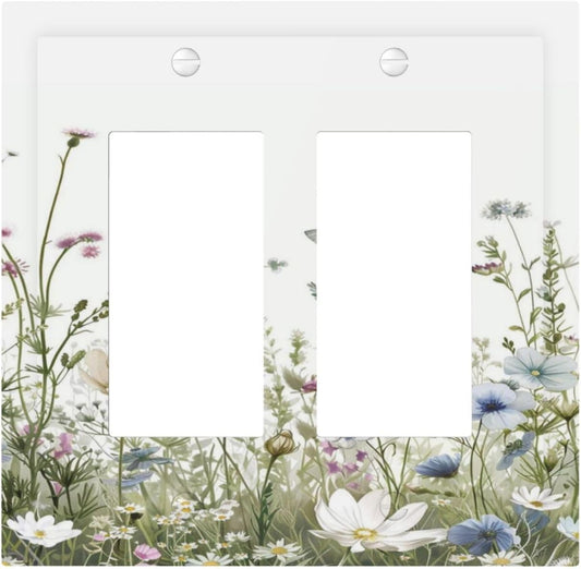 Colorful Wildflowers Daisy Plant Butterfly Floral Decorative Outlet Covers 2 Gang Double GFCI Rocker Electrical Wall Panels Light Switch Cover Plate for Bed Room Living Room Decor