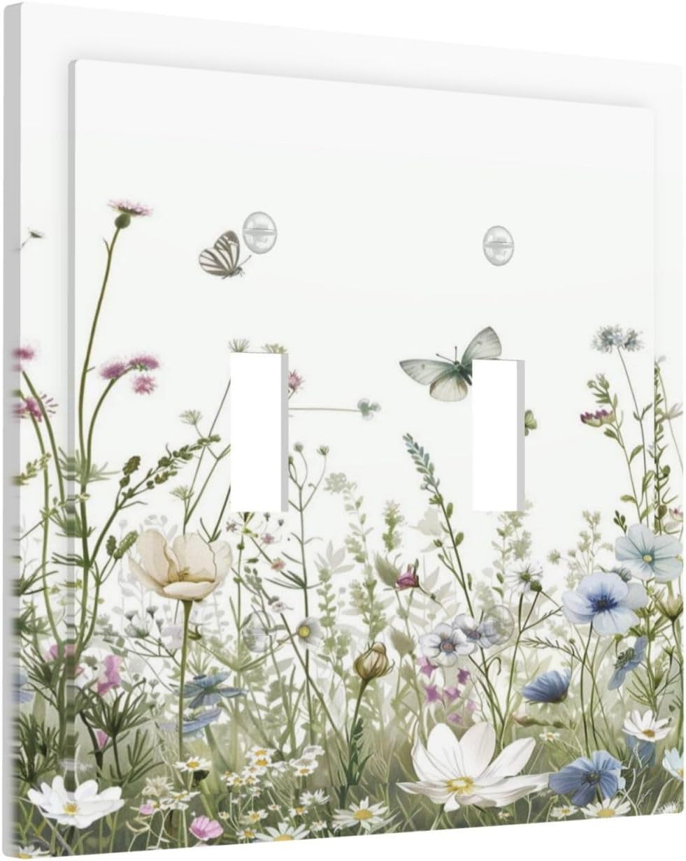 Colorful Wildflowers Daisy Plant Butterfly Floral Decorative Switch Plates 2 Gang Double Toggle Outlet Light Switch Cover Wall Plate Electrical Faceplate for Bed Room Living Room Decor