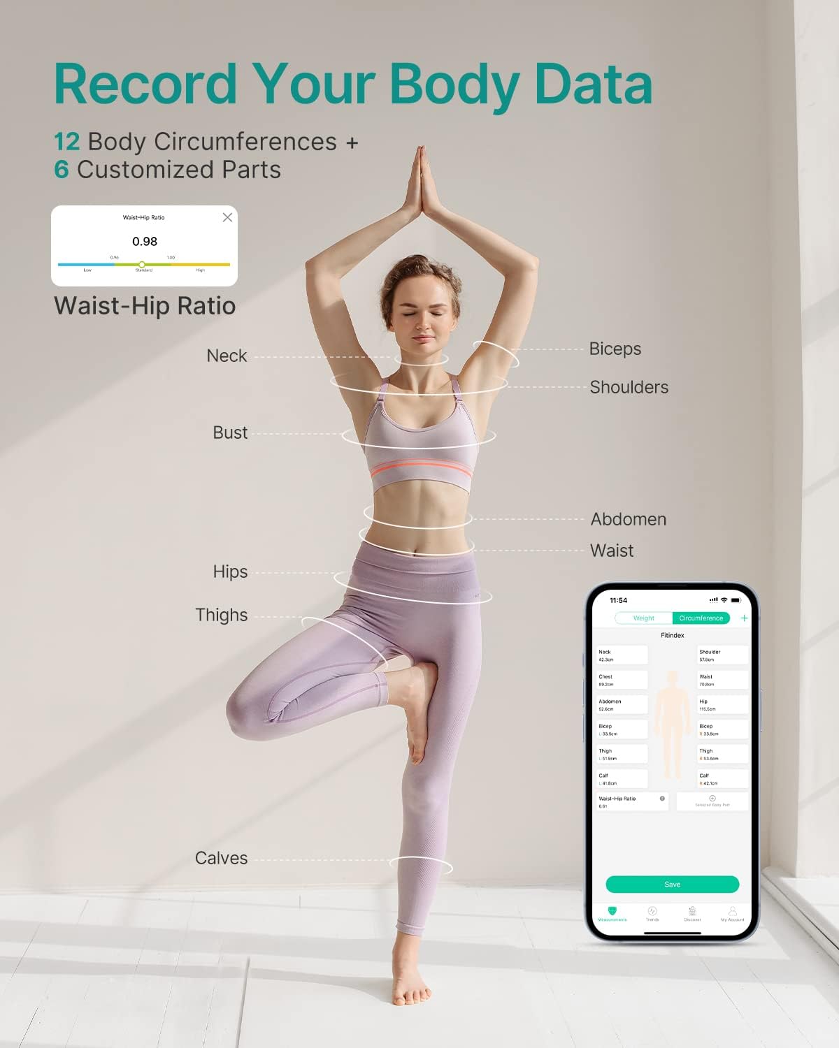 FITINDEX Smart Scale and Tape Measure, Digital Bathroom Scale & Body Tape Measure Sync with APP, Bluetooth Weighing Machine, Body Composition Analyzer, for Health Care
