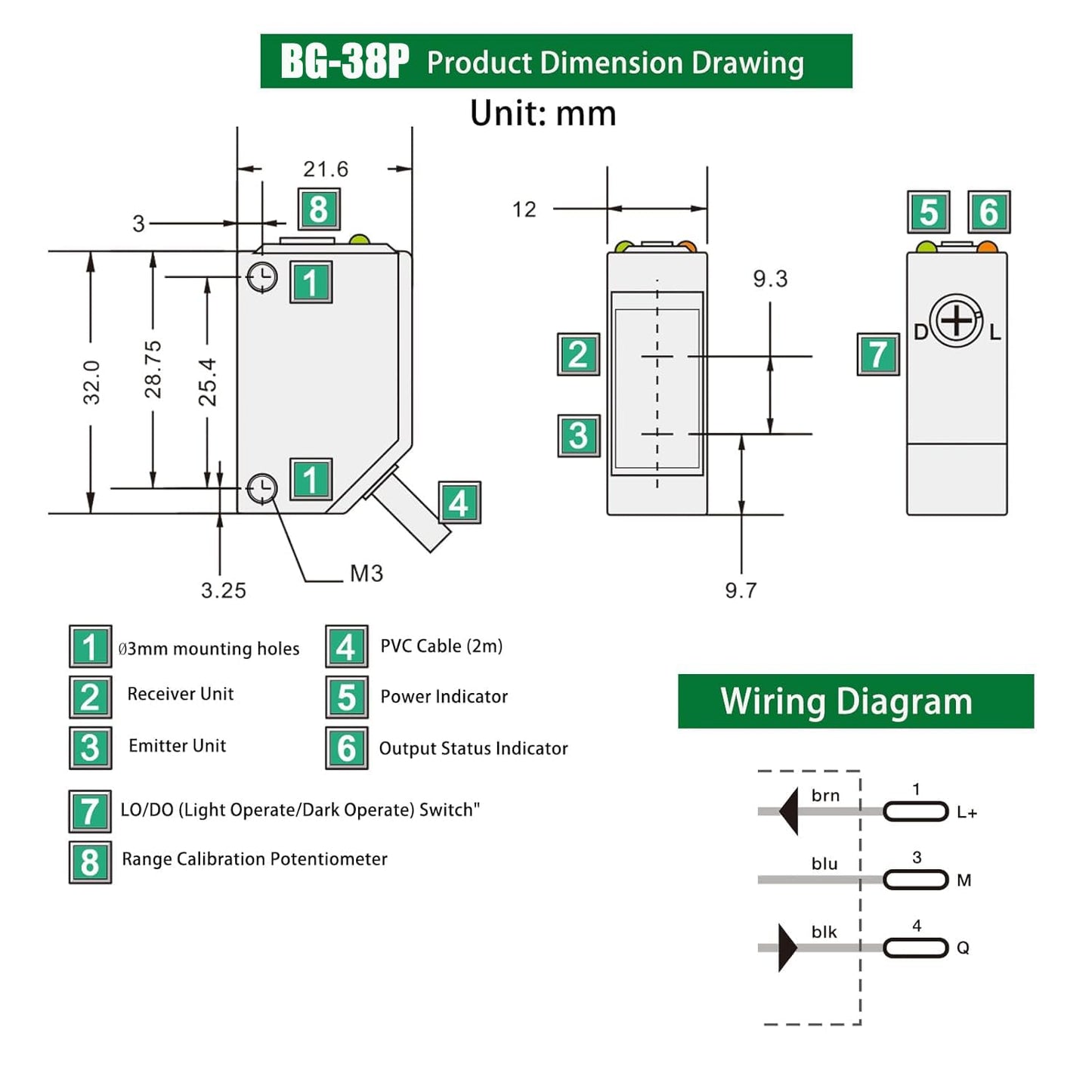 BG-38P Photoelectric Sensors,Background Suppression Diffuse Photoelectric Sensor,Sensing Distance 5-350mm,10–30VDC,PNP Output,Detection Distance Unaffected by Object Color