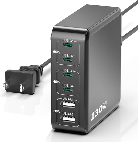 MSTJRY Charging Station for Multiple Devices : 130W 6 Port GaN Fast USB C Charger Station, Compact Multi Port PD 65W 45W Charger for iPhone 17/16 15/14/13/Pro Max
