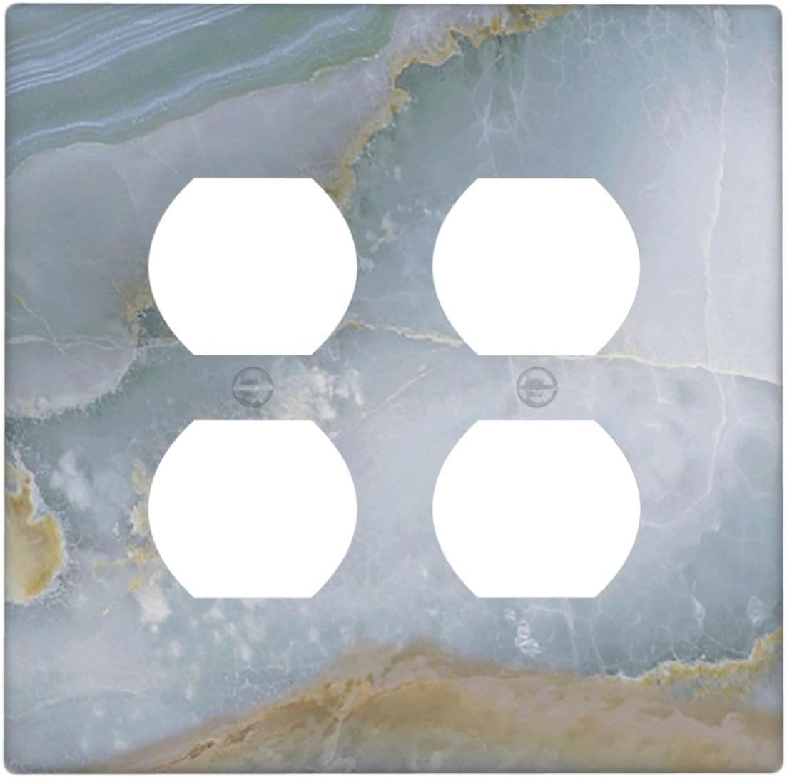 Outlet Covers Colored Art Marble Golden Line 2 Gang Double Duplex Decorative Light Switch Covers Electrical Wallplates Socket Faceplate For Bathroom Kitchen Decor
