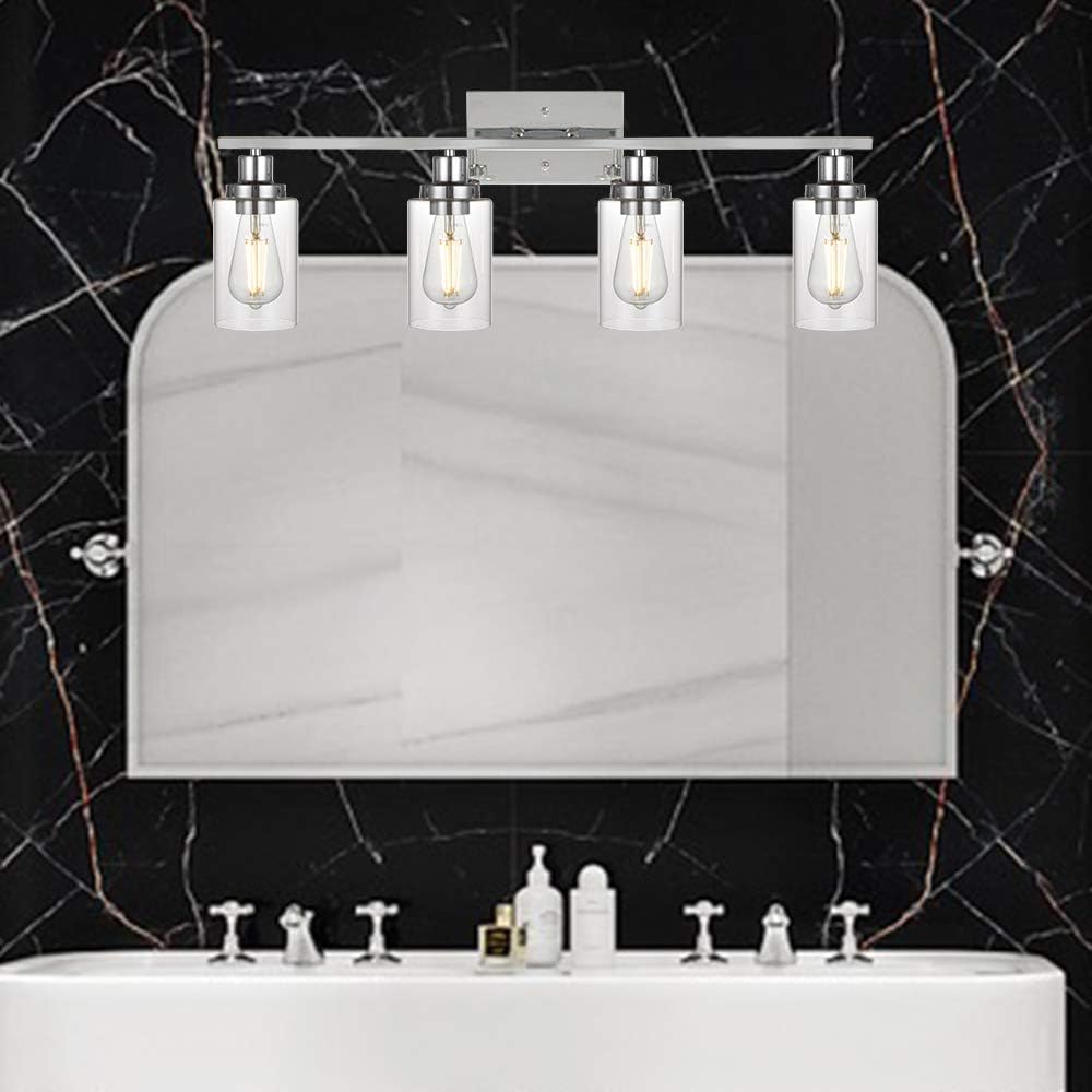 MELUCEE 4-Light Bathroom Lighting Fixtures with Clear Glass Shade Chrome Finish, Modern Vanity Light Wall Mount Lamp for Bedroom Dressing Table Mirror Cabinets Vanity Table (Patent No.: US D963914 S)