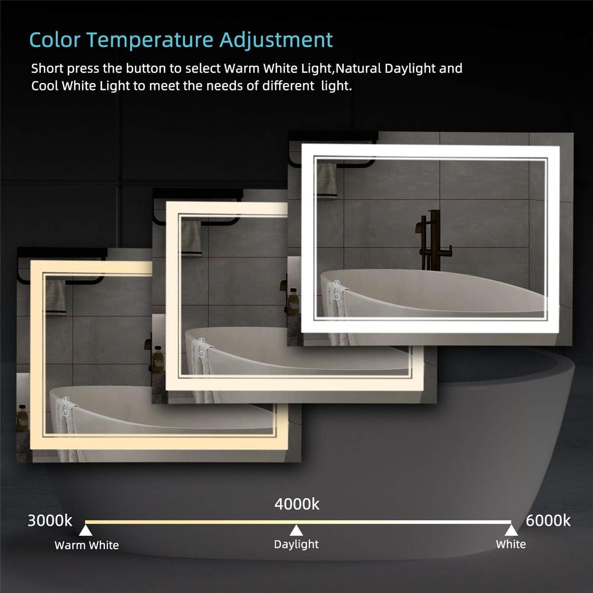 LED Bathroom Mirror Wall-Mounted Vanity Mirror with Anti Fog,Dimmable Waterproof Smart Touch Button Makeup Mirror with Lights Vertical & Horizontal (40x24 Inch)