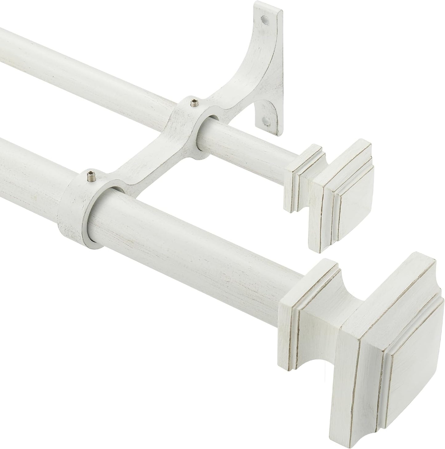 Double Wood Curtain Rods for Windows 36 to 72 Inches,1 Inch Decorative Wooden Curtain Rod with Square Imitation Wood Grain Finials and Double Aluminum Bouquet Bracket, Antique White