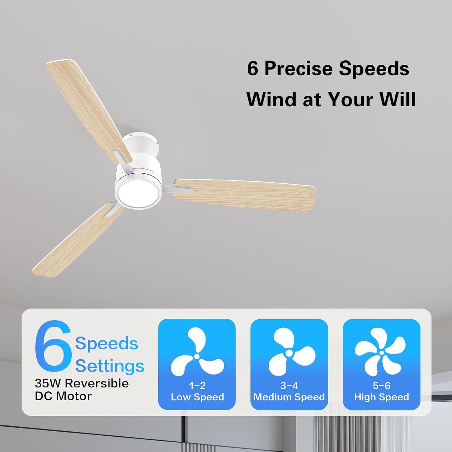 Ceiling Fans with Lights,52 Inch,Quiet Reversible Motor,Easy to Install,6 Speeds,Dimmable,Timer,White Low Profile Ceiling Fan for Bedroom Living Room,Kitchen,Indoor/Outdoor