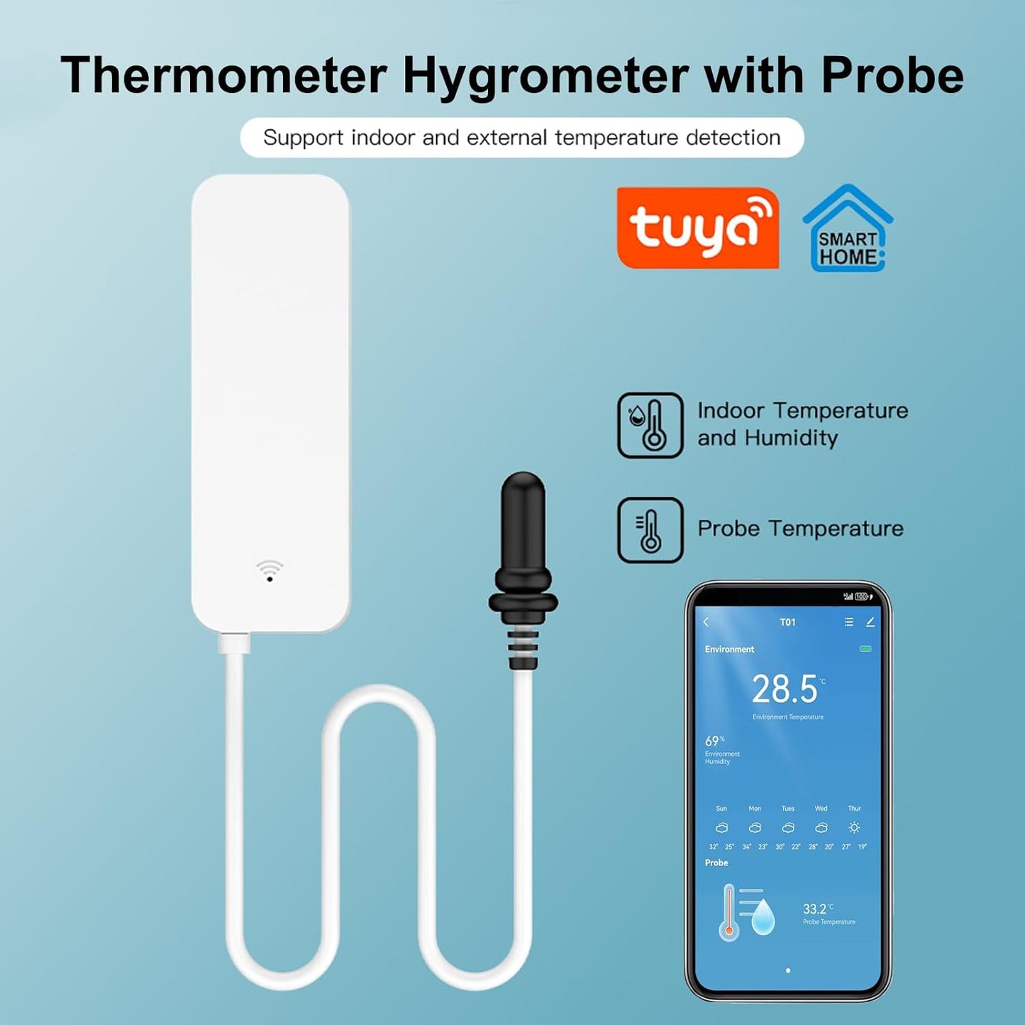 Smart Thermometer Hygrometer: WiFi Temperature Sensor with External Probe, Weather Function Thermometer Humidity Meter for Freezer, Aquarium, App Alert, Compatible with Alexa (Dual Detection 2PCS)